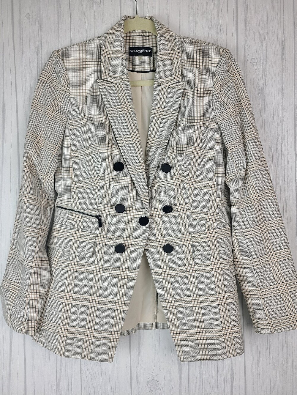 KARL LAGERFELD Cream Plaid Double-Breasted Blazer